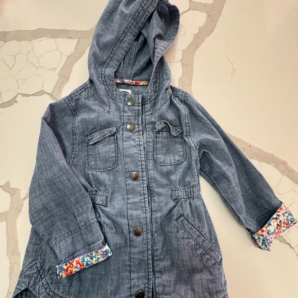 Old Navy Blue Jean Jacket with Hood and Floral Cuffs